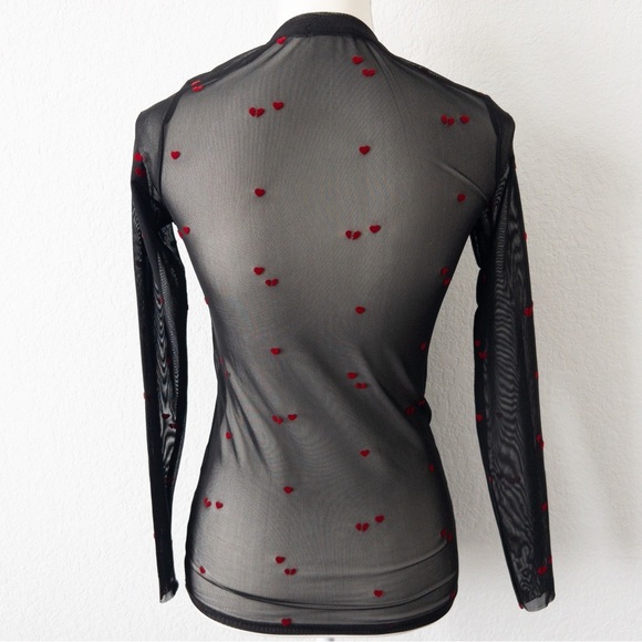 Stradivarius Long Sleeve Stretch Black Mesh Top with Heart Print Size Small - Picture 6 of 9